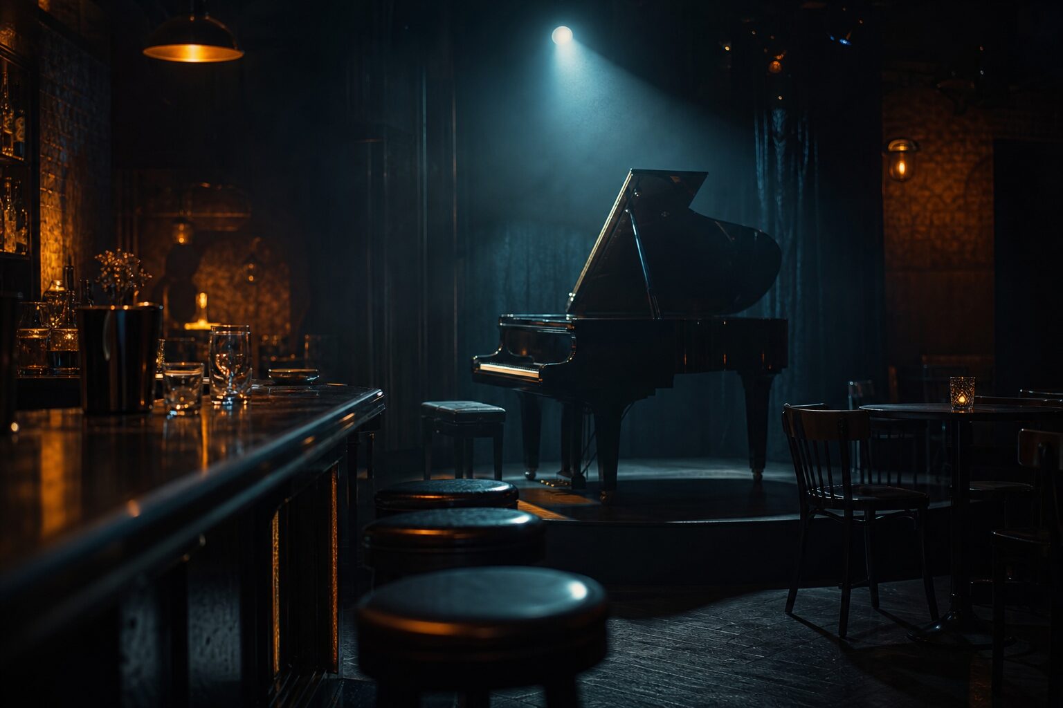 A late-night jazz bar with a grand piano under a single spotlight and empty stools