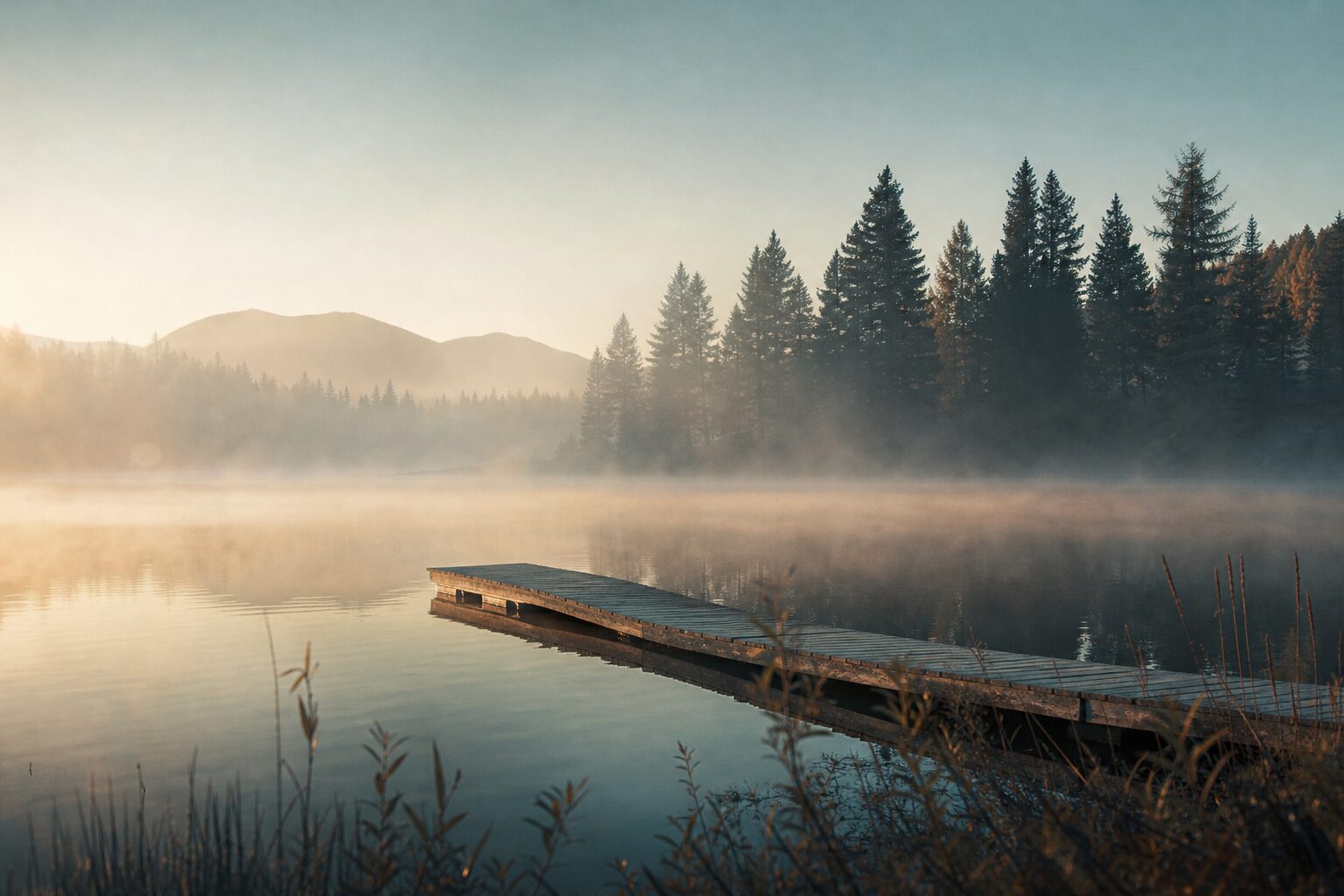 Morgennebel über einem stillen See mit Kiefern und einem hölzernen Steg