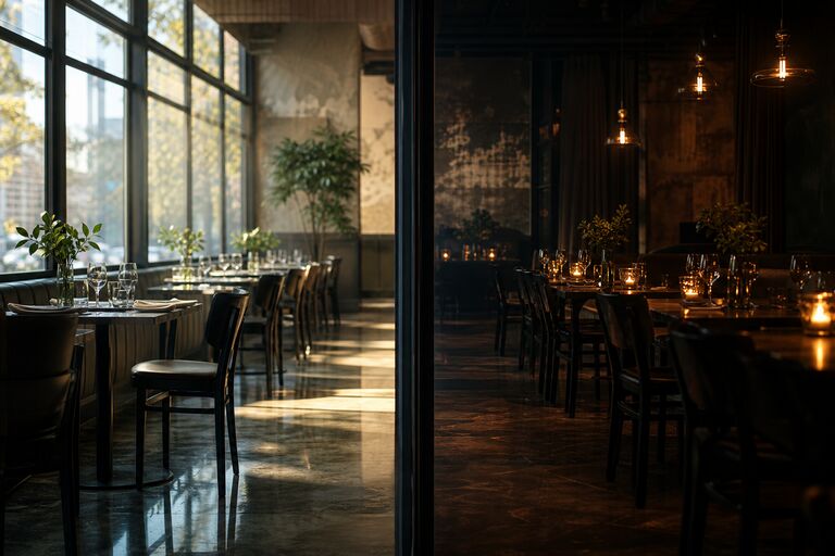 Bir pencereden görülen restoran salonu; bir yanı aydınlık sabah, diğer yanı mum ışığında akşam