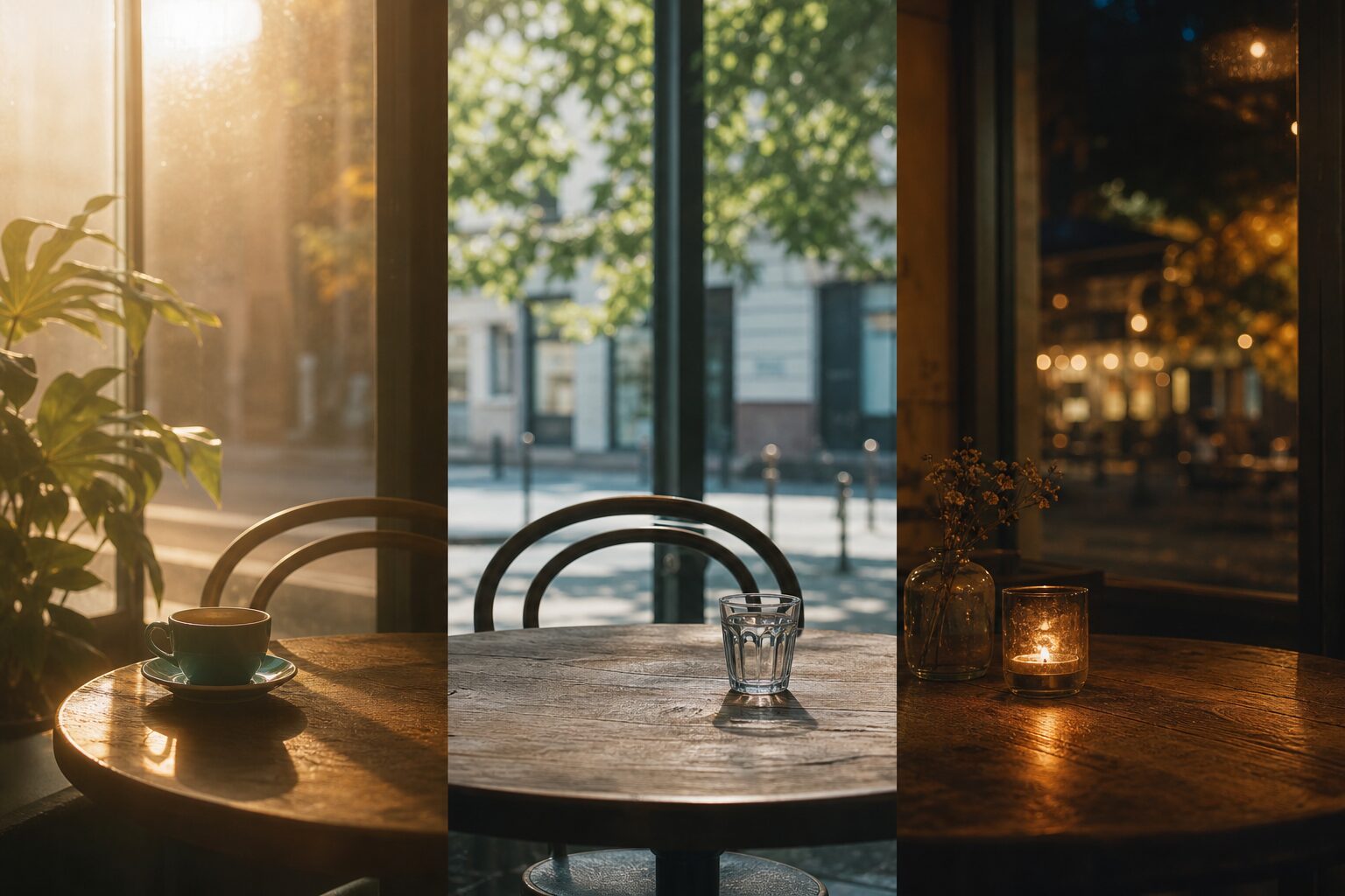 La même table de café dans la lumière du matin, en plein midi et à la bougie le soir