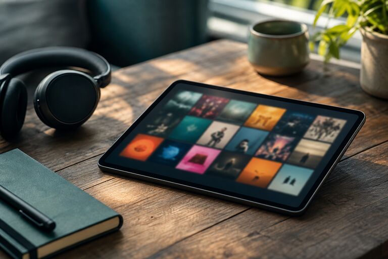 Ahşap bir masada, kulaklıkların yanında renkli albüm karelerinden oluşan bulanık bir ızgara gösteren tablet