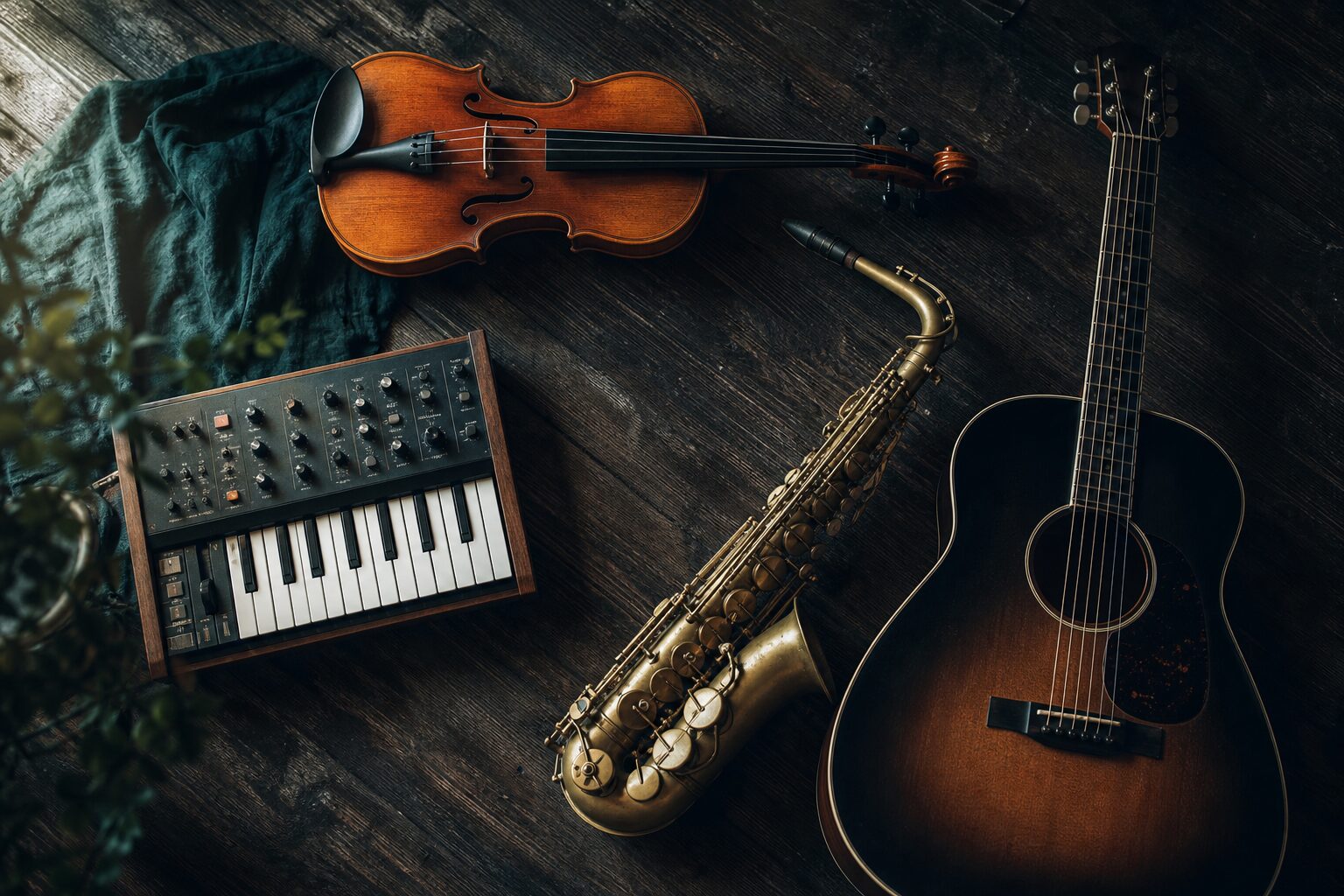 An overhead view of a violin, a saxophone, an acoustic guitar and a small synthesizer on a dark wooden floor