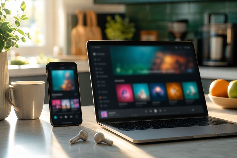 Mutfak masasında müzik uygulaması açık bir telefon ve dizüstü bilgisayar, yanında kulaklıklar