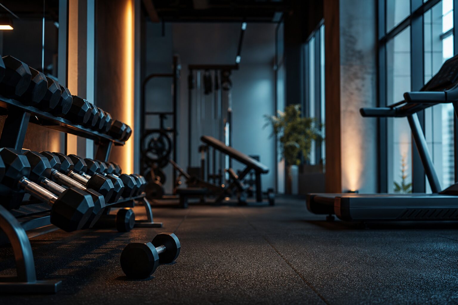 Una sala palestra moderna con una rastrelliera di manubri e un tapis roulant in una luce blu fredda