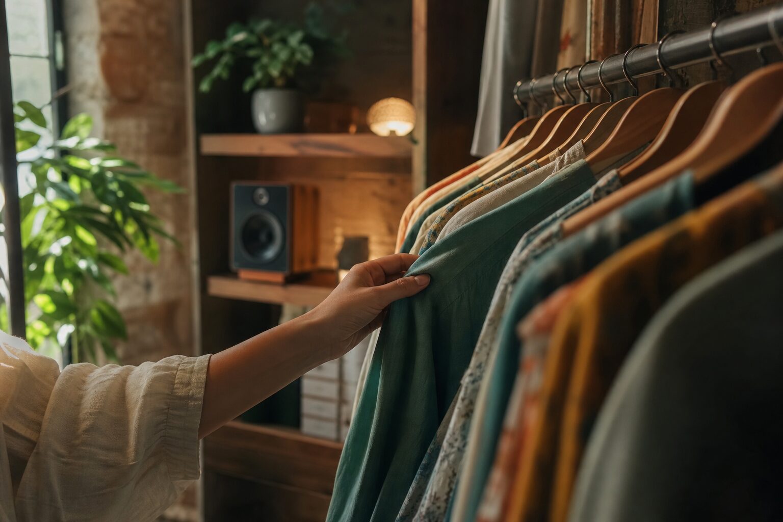 Ein Boutique-Interieur mit einer Hand an einem Kleiderständer und einem kleinen Lautsprecher im Regal