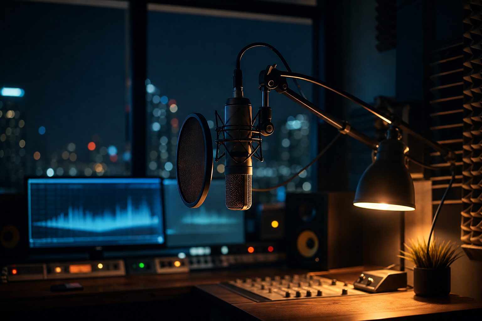 A small radio studio at night with a broadcast microphone, a desk lamp and soft monitor glow