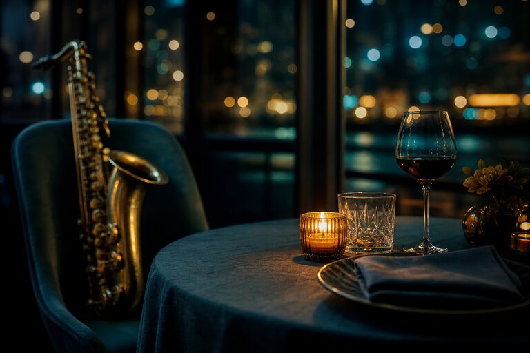 Gece pencere kenarında mum ışığıyla aydınlanan bir restoran masası ve arka planda flu bir saksofon