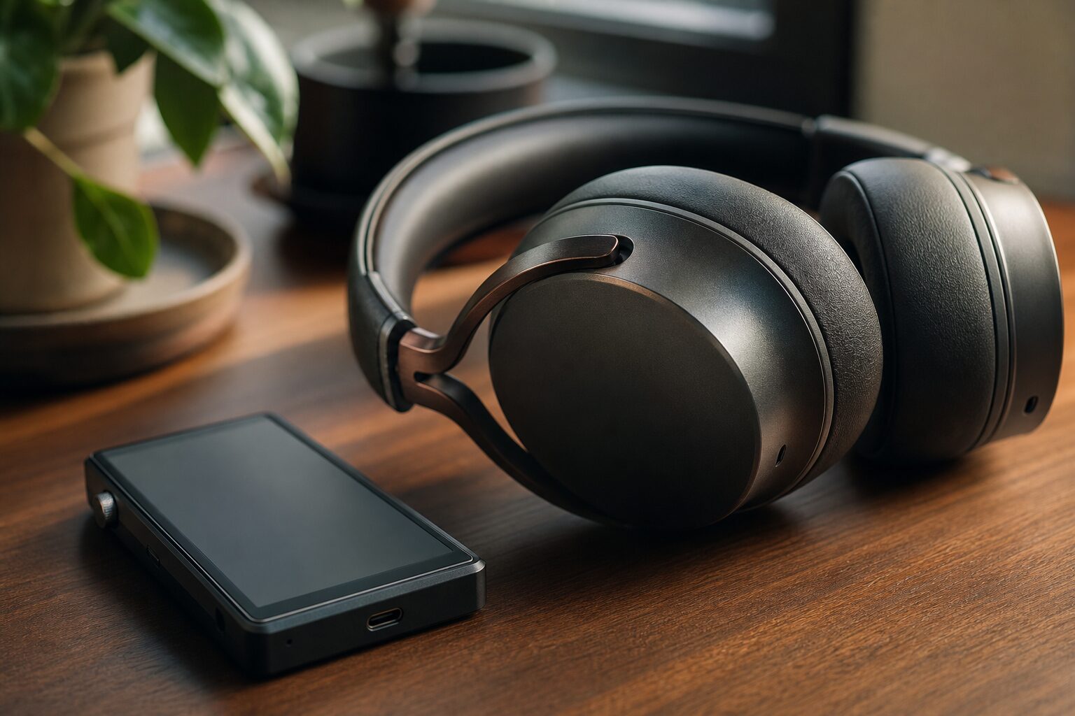 Over-ear headphones on a walnut desk next to a small audio player with a blank screen