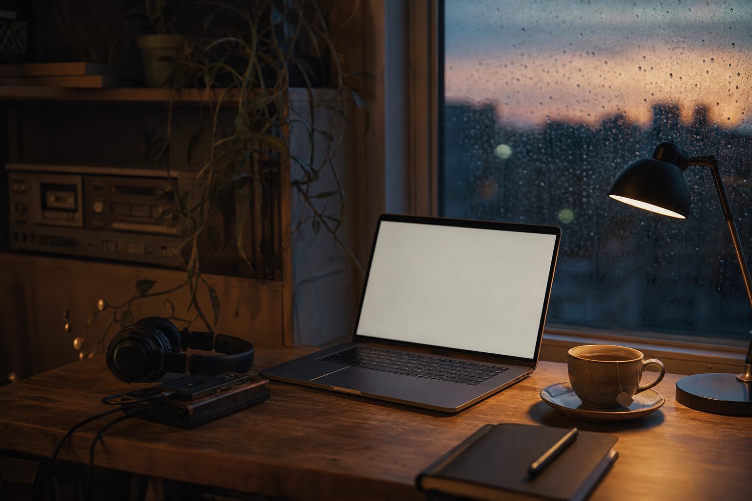 Ein ruhiger Schreibtisch an einem regennassen Fenster mit Laptop, einer Tasse Tee und Kopfhörern