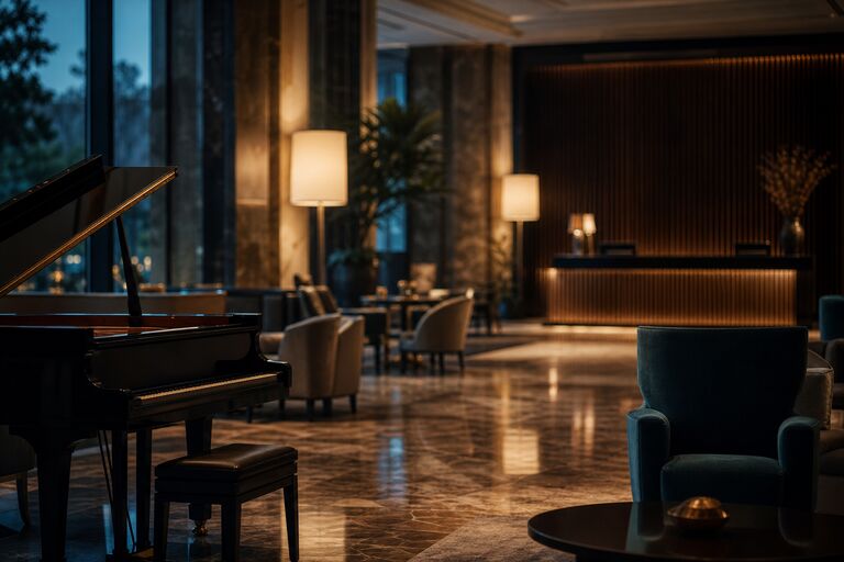 Akşam vakti şık bir otel lobisi, kuyruklu piyano, koltuklar ve uzun lambalar