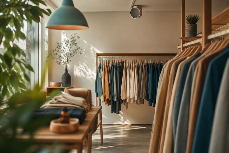 Ahşap askılıkları ve küçük bir tavan hoparlörüyle aydınlık, minimalist bir giyim butiği