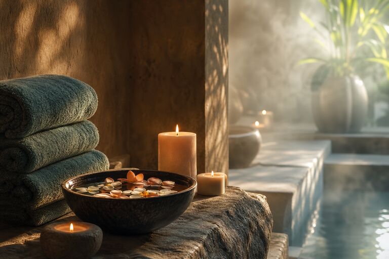 Sıcak taş, katlanmış havlular, mumlar ve içinde yapraklar yüzen bir su kâsesiyle bir spa dinlenme odası