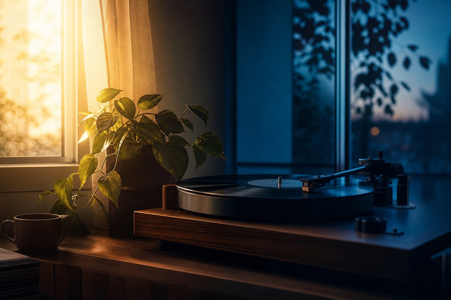 A window with warm morning light on one side and cool evening blue on the other, with a record player between them