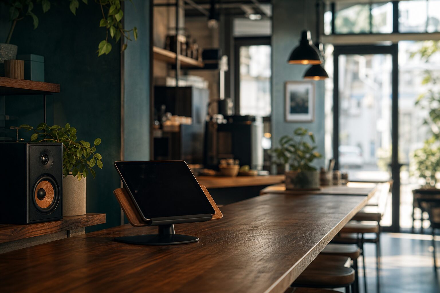 A modern café interior seen from the counter with a tablet on a stand and a small speaker on a shelf