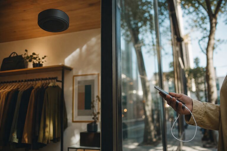 Vitrinden görünen bir butik ve dışarıda elinde telefon ve kulaklık tutan biri