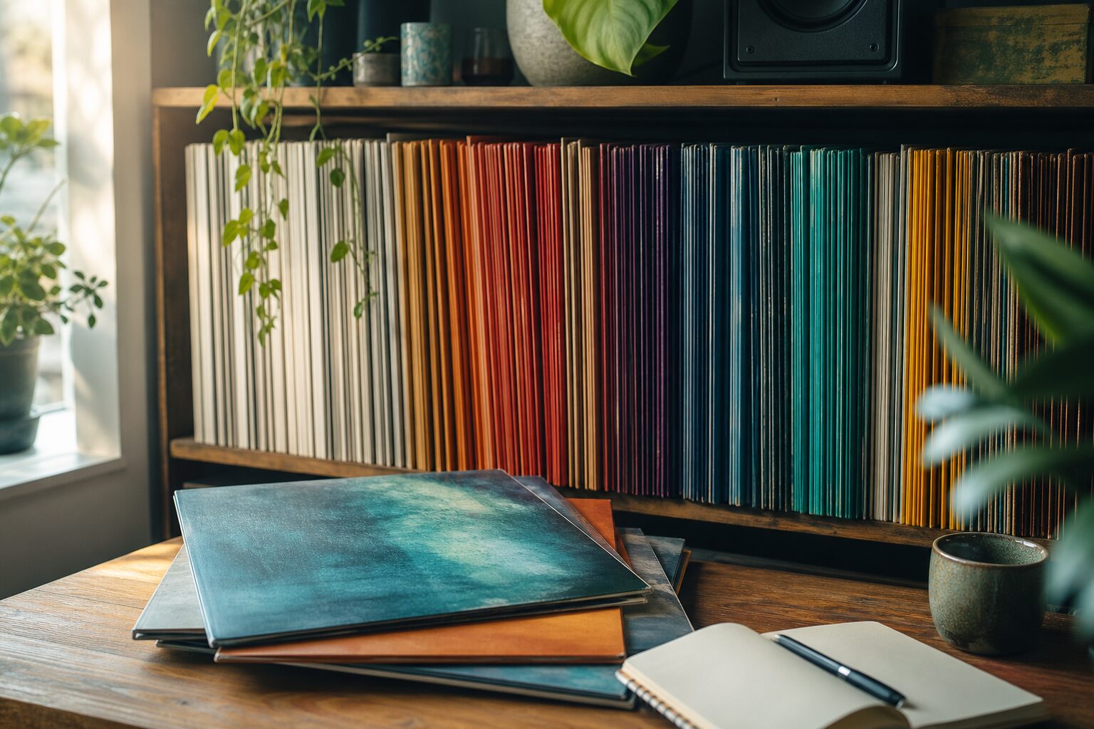 A shelf of record sleeves sorted by colour, with a few stacked on a desk below