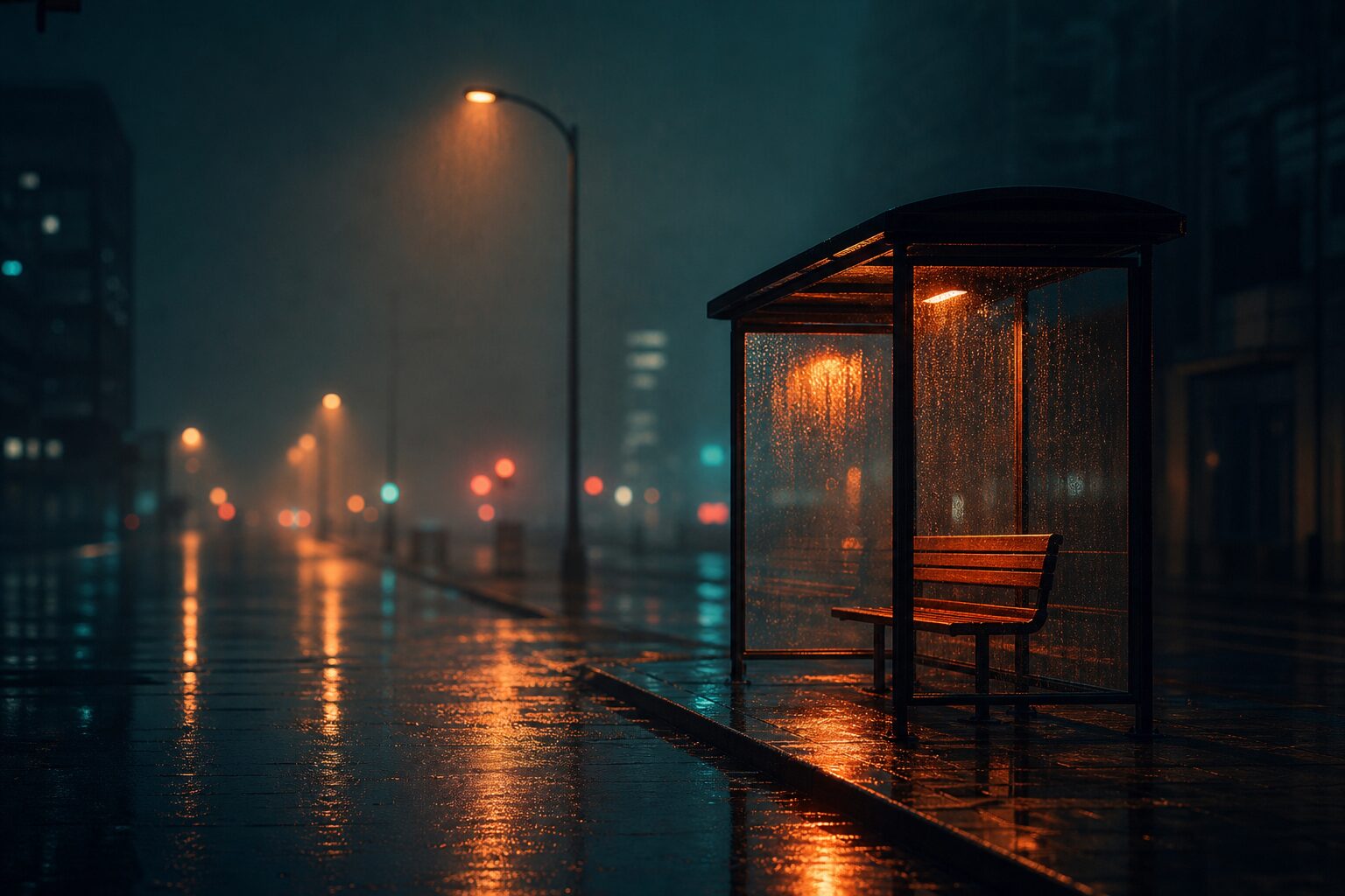 Eine Stadtstraße bei Nacht nach dem Regen mit Neonspiegelungen und einer leeren Bushaltestelle