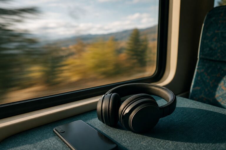 Tren koltuğunda bir kulaklık, pencerede akıp giden bulanık manzara