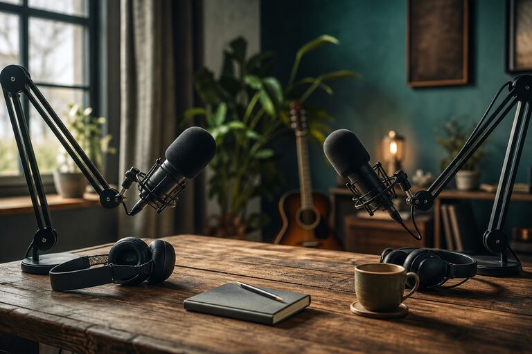 Ahşap bir masanın iki yanında birbirine bakan, kollu standa takılı iki podcast mikrofonu