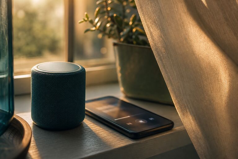 Pencere pervazında küçük bir hoparlör ve çalma çubuğu görünen bir telefon
