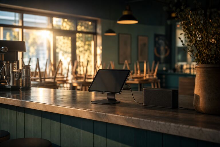Açılış öncesi kafe tezgâhı, standında bir tablet ve ona bağlı küçük bir hoparlör