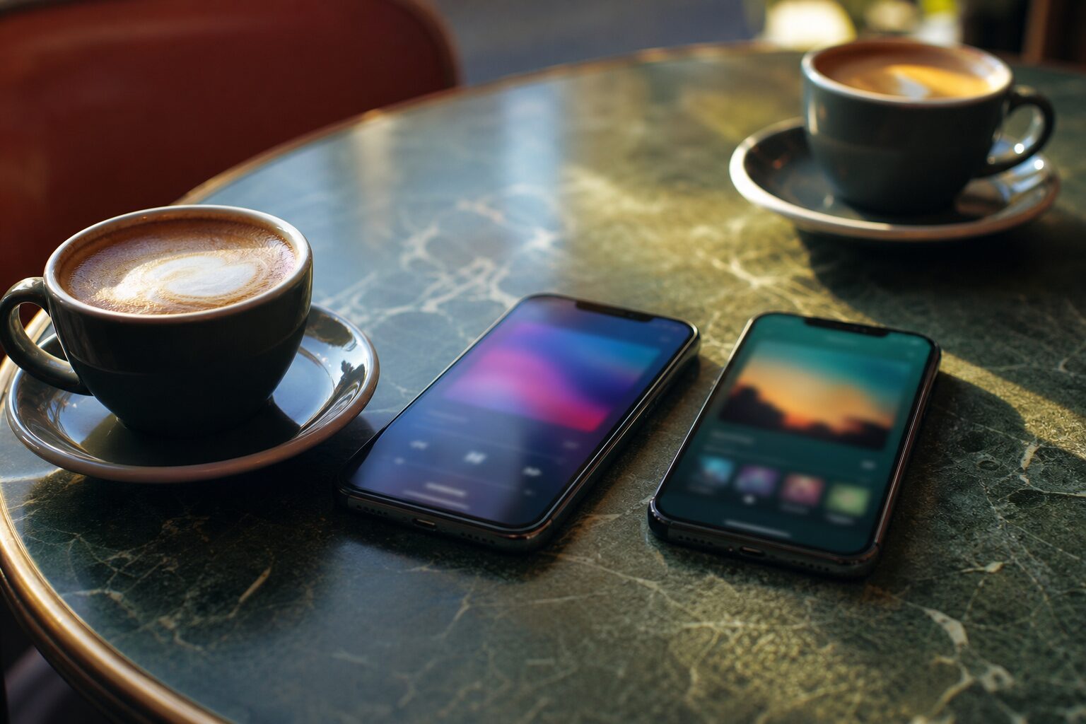 Two smartphones face up on a café table with blurred colourful music app screens and two cups of coffee