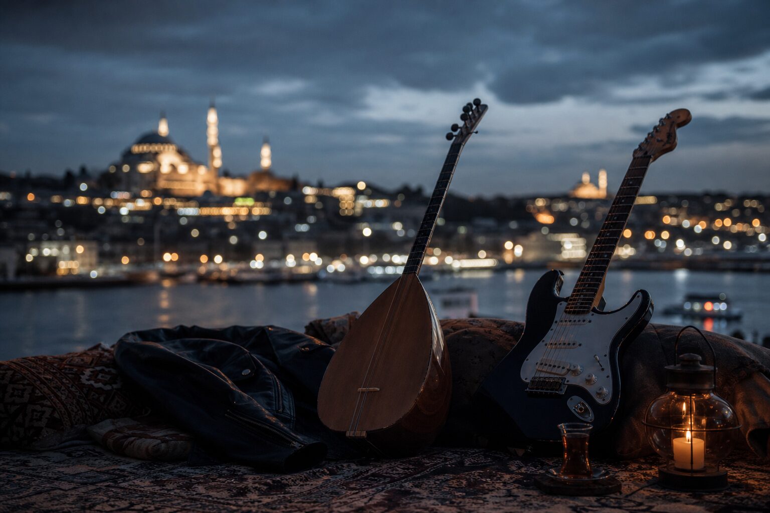 An Istanbul rooftop at blue hour with a bağlama and an electric guitar resting side by side