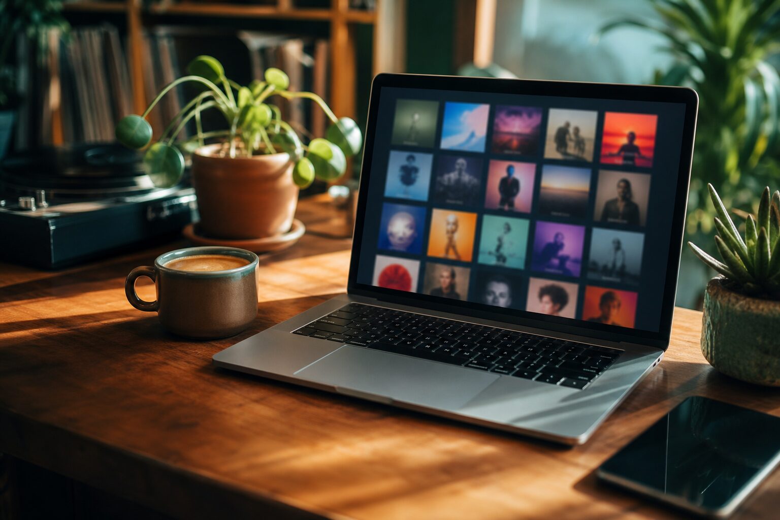 Ein Laptop auf einem Holzschreibtisch mit einem Raster aus Albumcovern, dazu Kaffee und Pflanzen