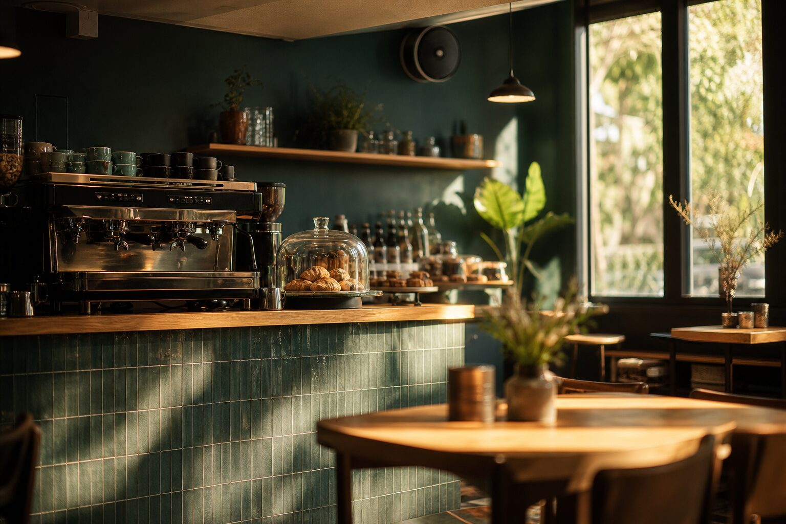 Sabah ortasında sıcak bir kafe, espresso makinesi ve ahşap masalara vuran güneş