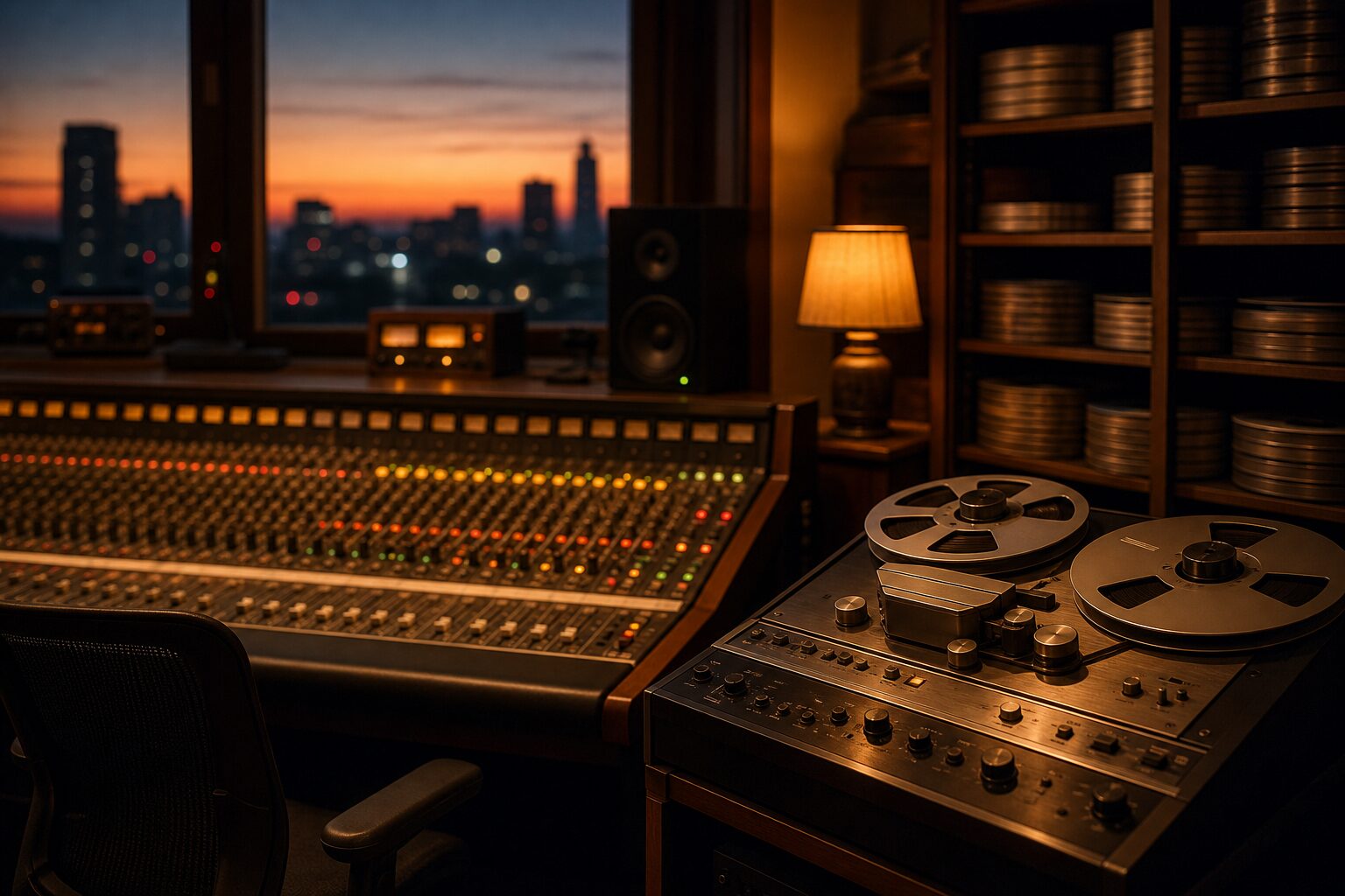 A recording studio control room at dusk with a mixing desk and shelves of master tapes